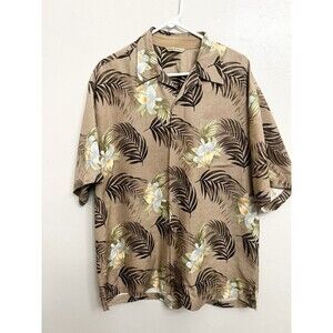 TOMMY BAHAMA Brown Silk Hawaiian Floral Camp Button Up Shirt Size Large Boxy Top
